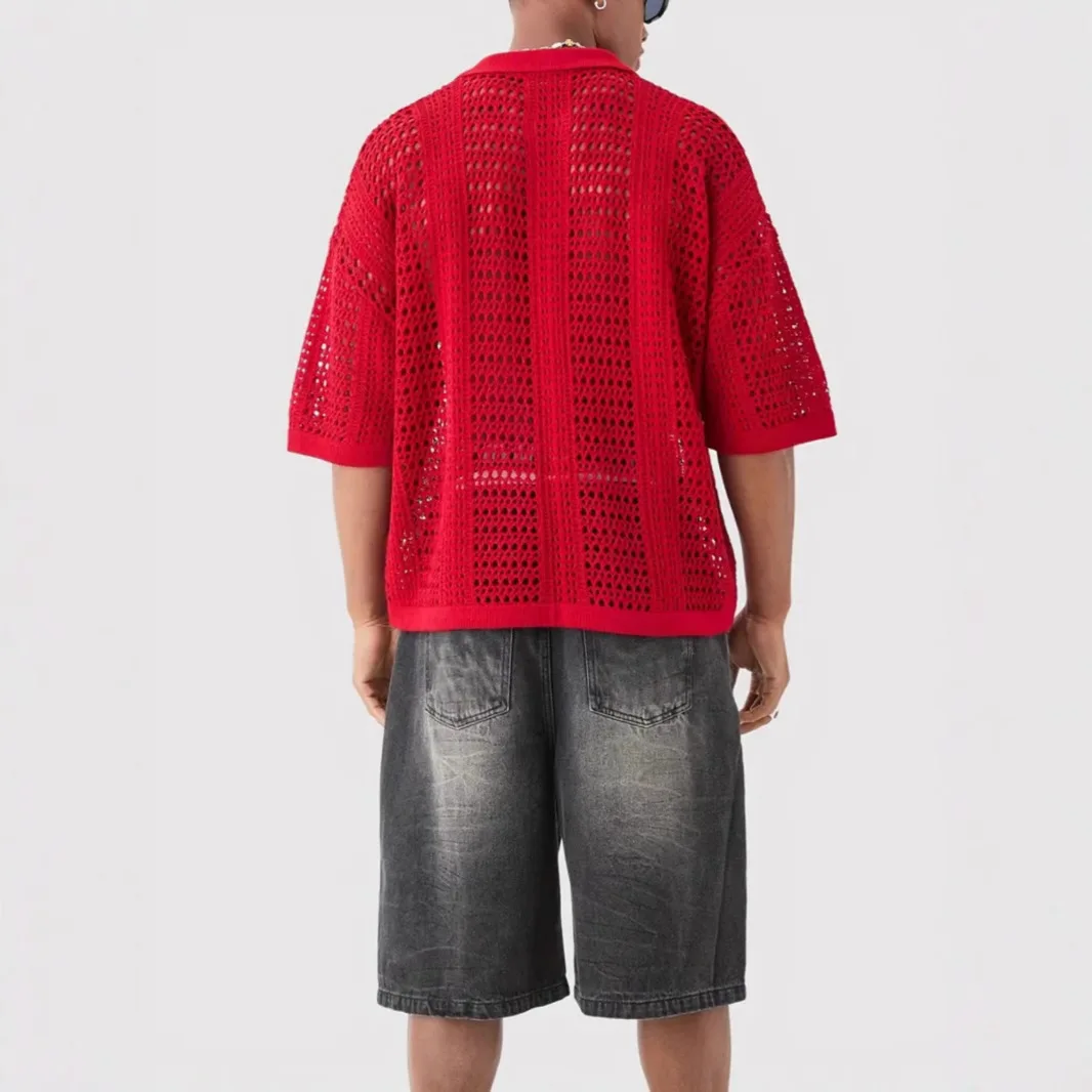 Men's Hollow Mesh Texture Knitted Short-Sleeved  Shirt Cool Feeling Three-Ester Fiber City Walk Suitable CleanFit Style