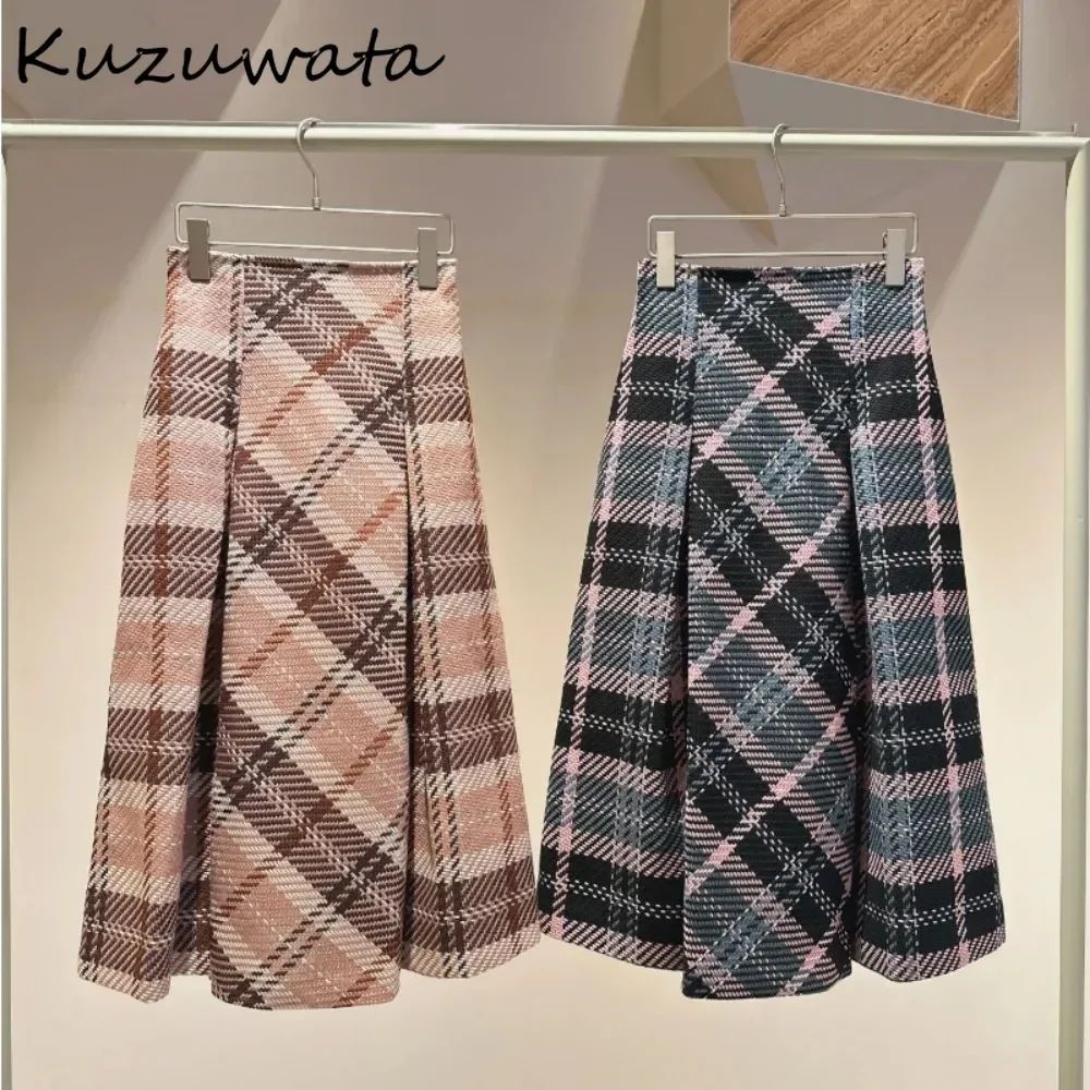 Kuzuwata Winter New High Waist A-line Ruched Plaid Skirt Mid-length Tweed All-match Women\'s Falda Japan New Slim Literary Faldas