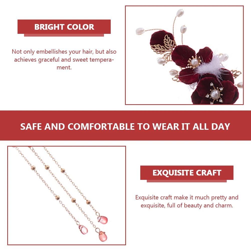 

Crimson Flower Hair Clip Women's Barrettes Zinc Alloy Tassels Ball Decorative Hairpin for Wedding Party Cosplay Hanfu