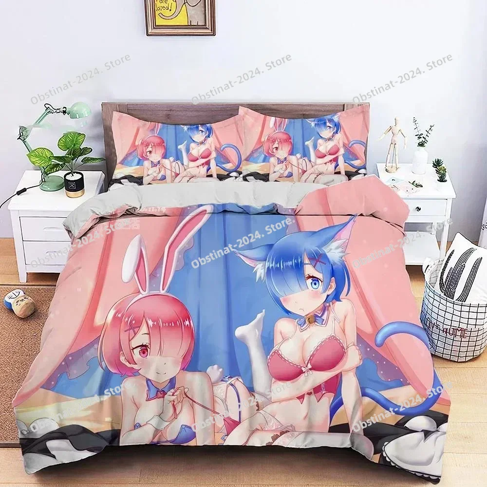 

New 3D Printed Anime Re Zero Ram Rem Bedding Set Duvet Cover Bedroom Comforter Single Twin King Size Quilt Cover Home Textile
