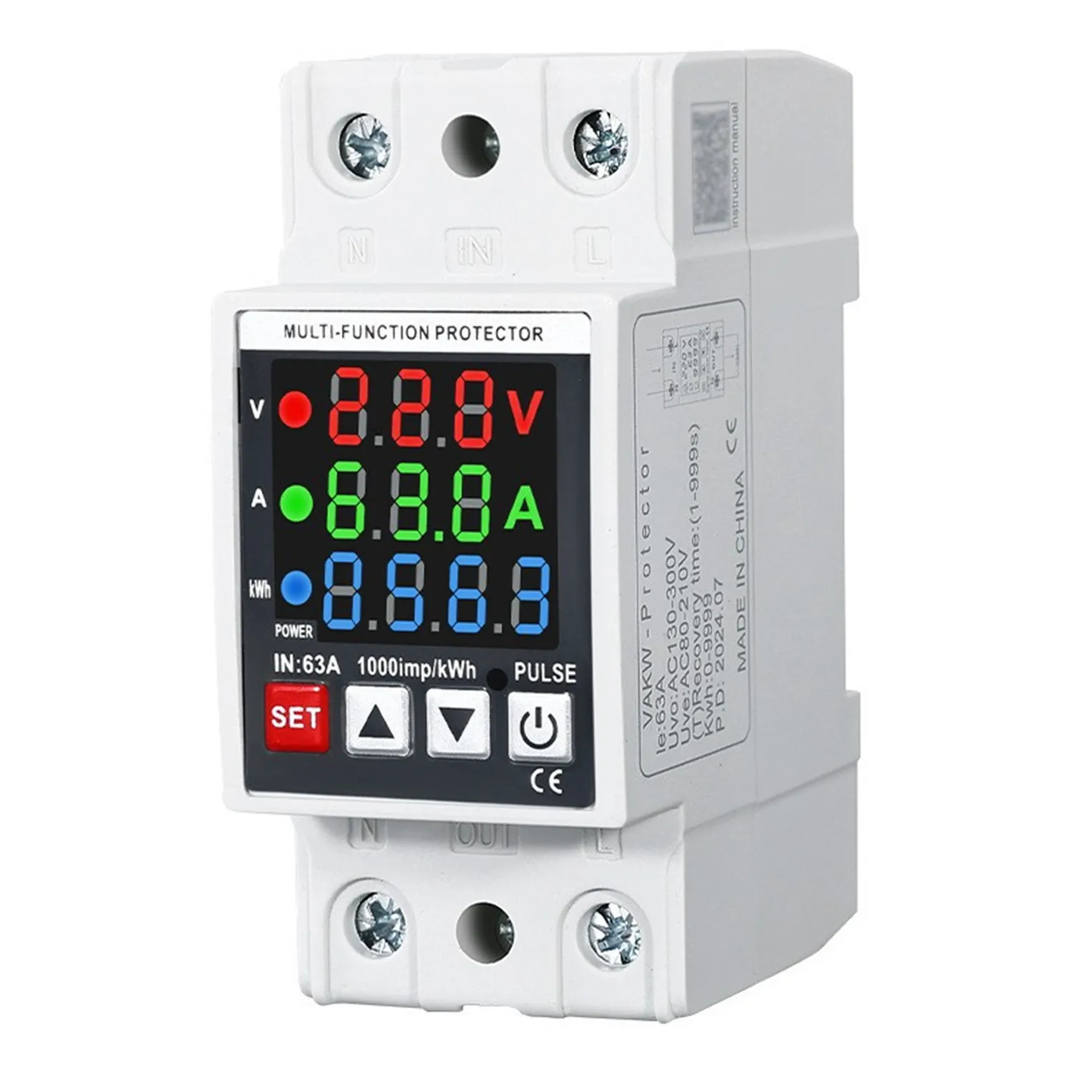 

63A Din Rail Display Adjustable 3-in-1 Over Voltage Current and Under Voltage Protective Device Protector Relay Volt Power Meter