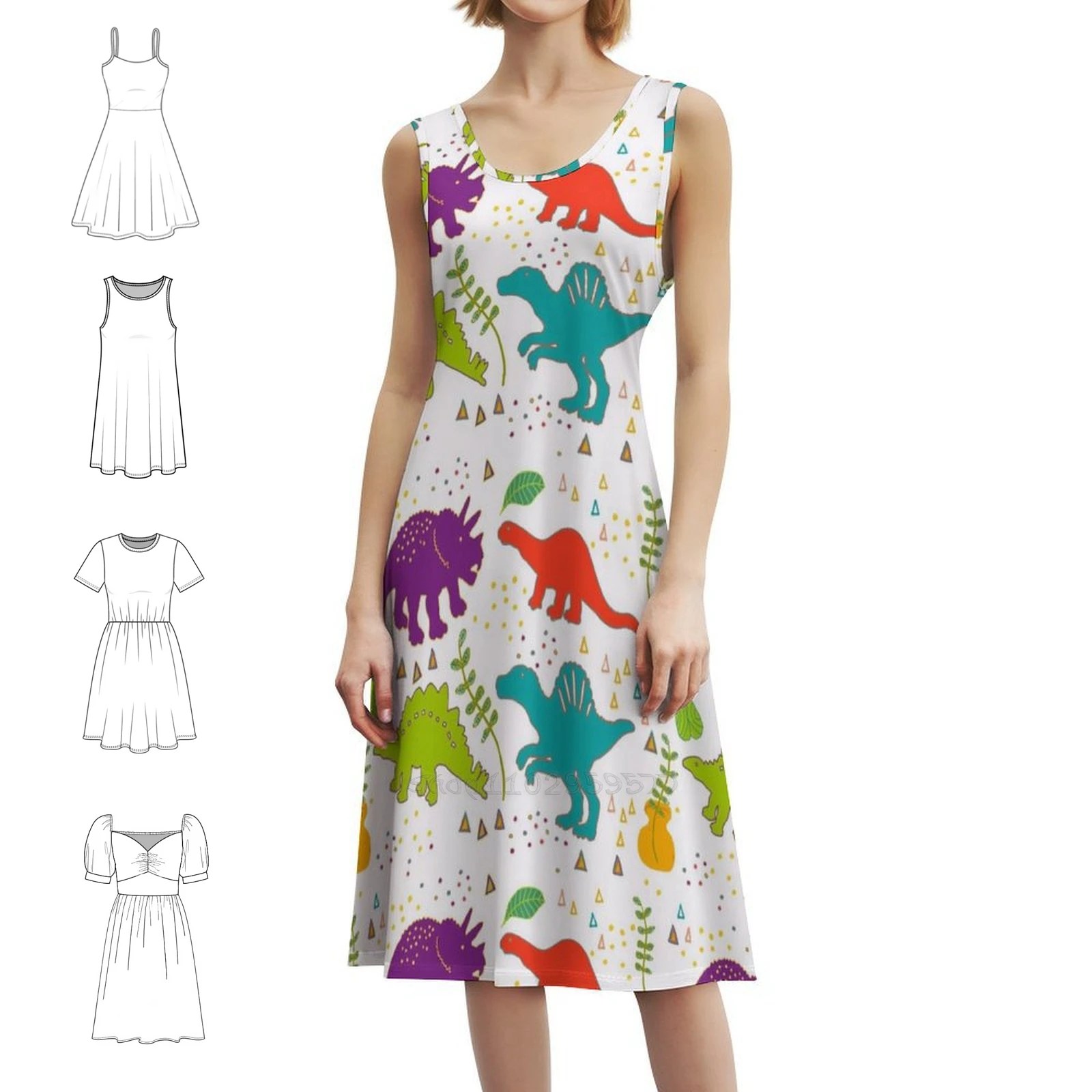 

Женское элегантное праздничное платье с динозаврами, платье трапециевидной формы с короткими/длинными/опциями без рукавов Hadrosaurus Stegosaurus Iguanadon Woman