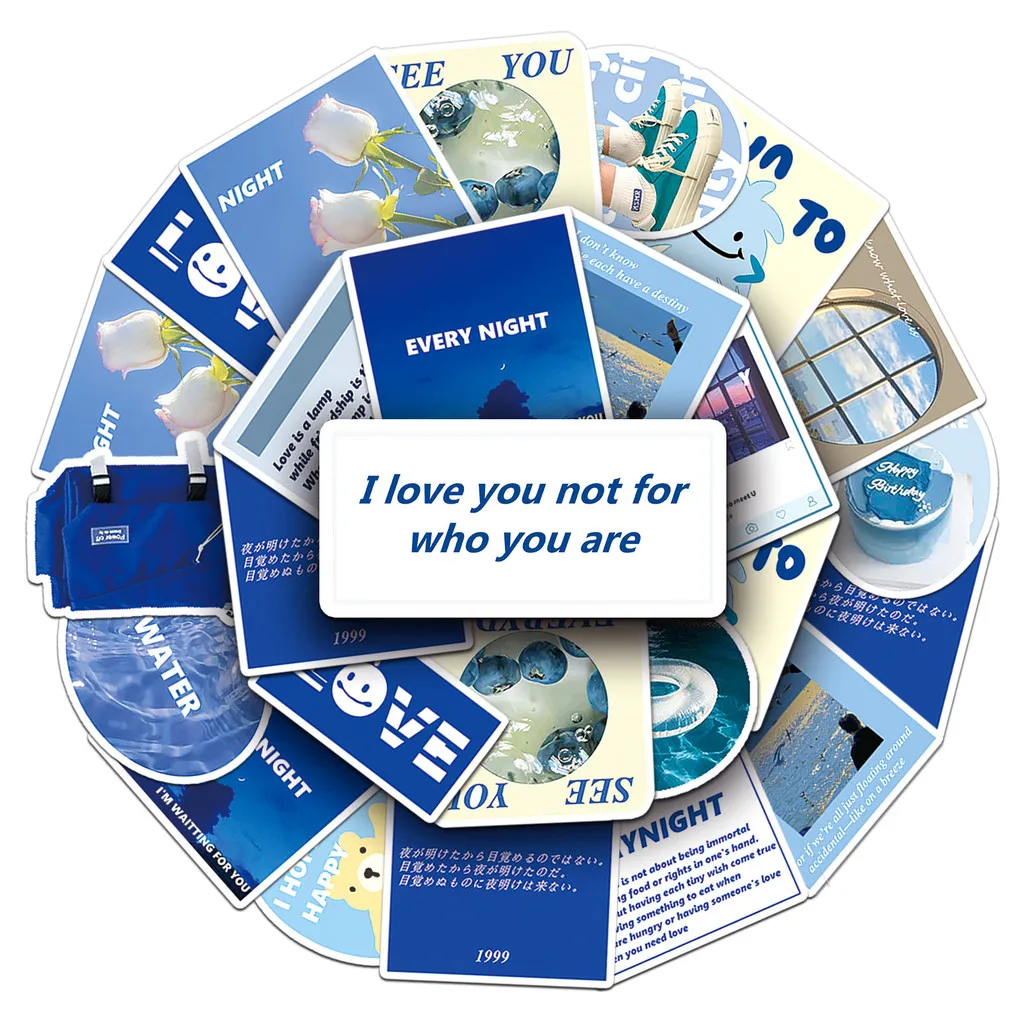 50Pieces Blue INS Style Journal Stickers Literary English Collage Waterproof Decor for Notebooks Water Cups Giajar Sticker Store