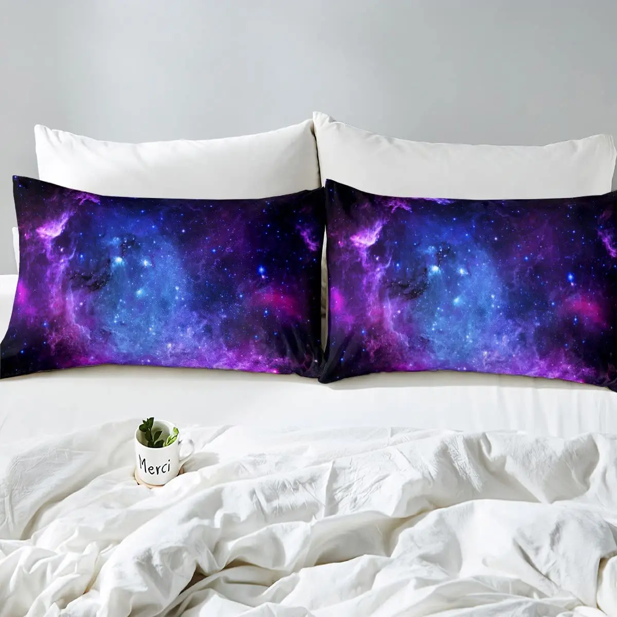 Juego de ropa de cama de galaxia púrpura, bajera sábana de cielo estrellado, diseño de estrellas del universo espacial, suave y transpirable,