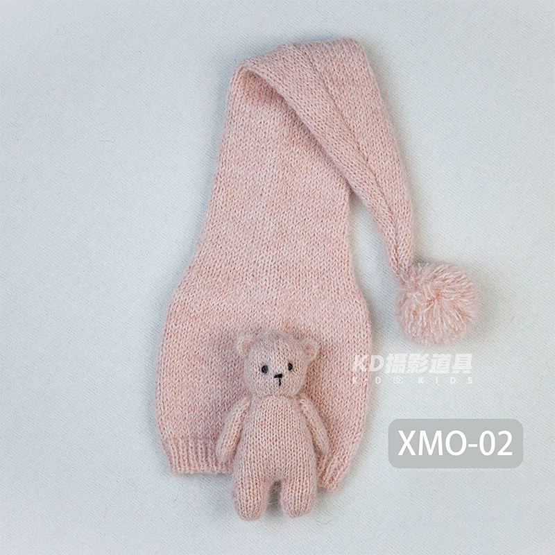 2pcs/set Baby Soft Pom Poms Hat with Bear Doll Newborn Photography Prop Baby Elastic Knitted Hat+Handmade Doll All-Match WarmHat