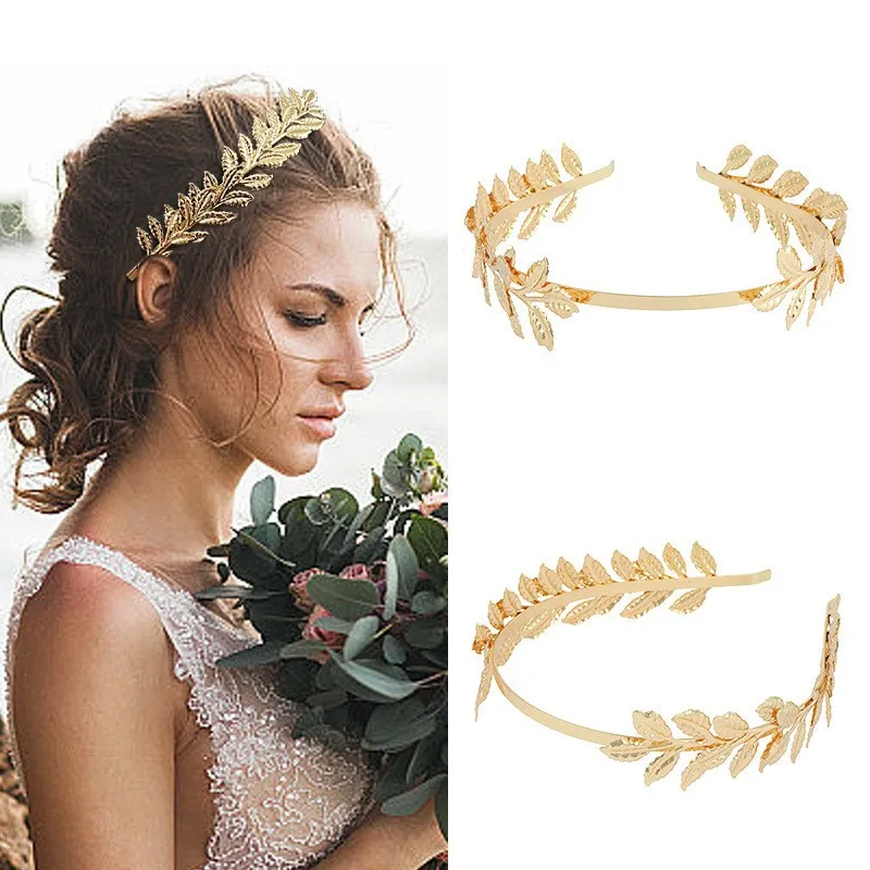 Bride Leaf Hair Hoops Baroque Gold Headwear Bracelets Earrings Arm Rings Jewelry Set Wedding