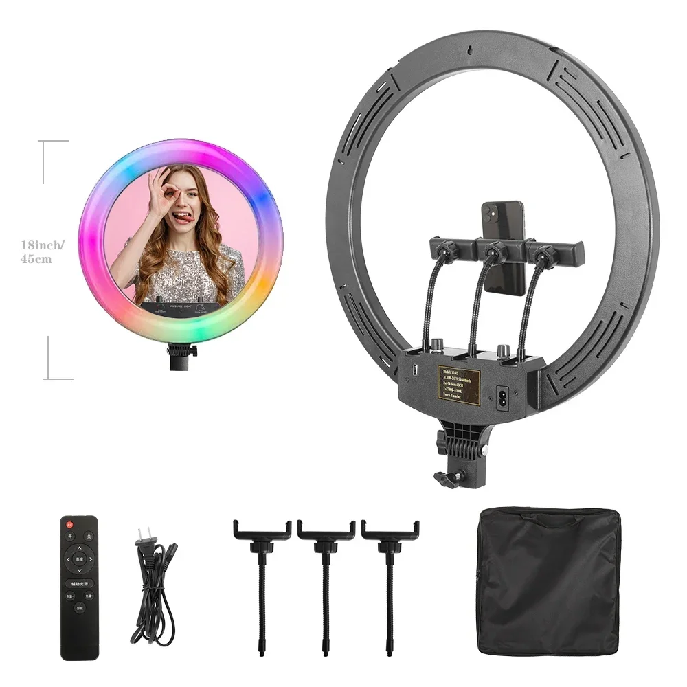 Anello luminoso RGB per selfie da 18 pollici 45 cm con treppiede Luce LED ricaricabile tramite USB, dimmerabile, per studio fotografico