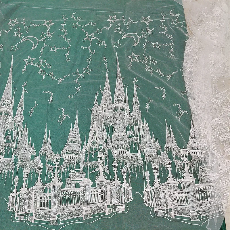 

Elegant Embroidered Lace Fabric with Beads Sequins Romantic Castle Star Moon Design for Wedding Dresses Bridal Gowns Accessories