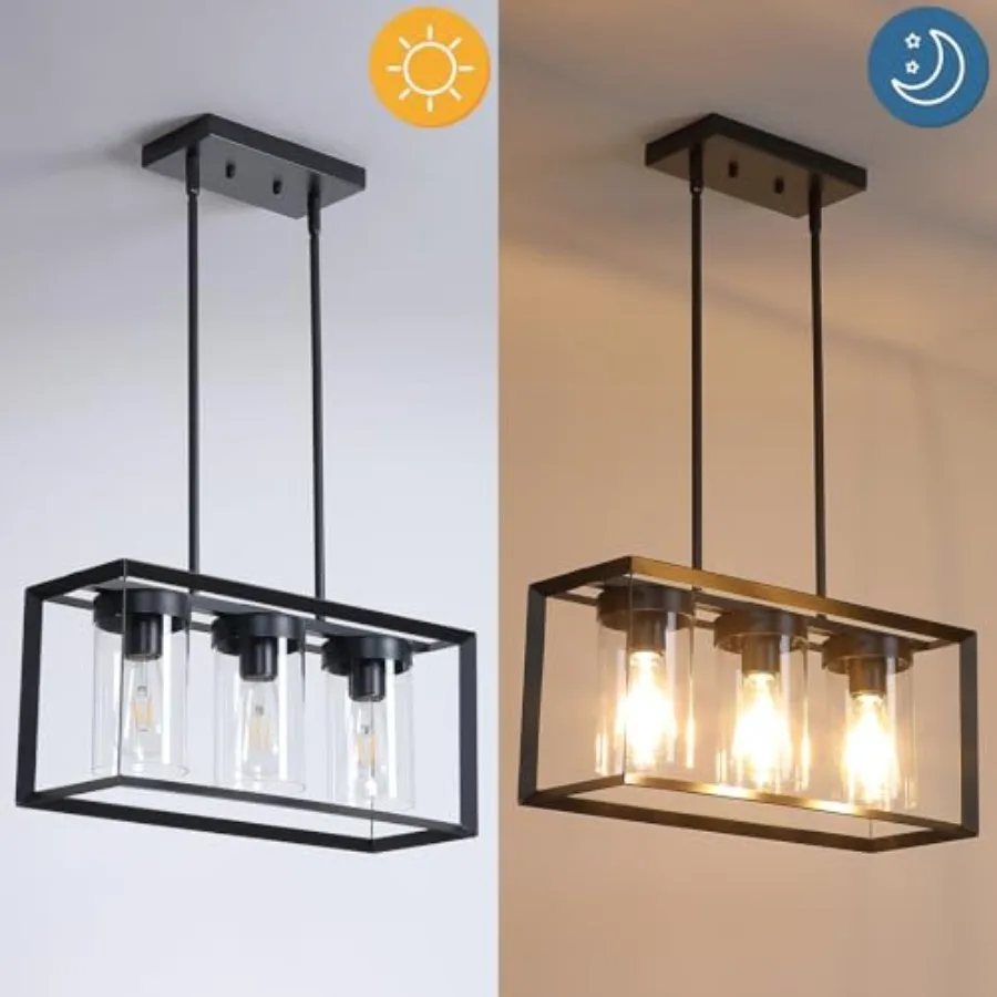 Black Rectangle Farmhouse Chandeliers, 3-Light Modern Linear Dining Room Light Fixture with Clear Glass Shades, Kitchen Island view 6