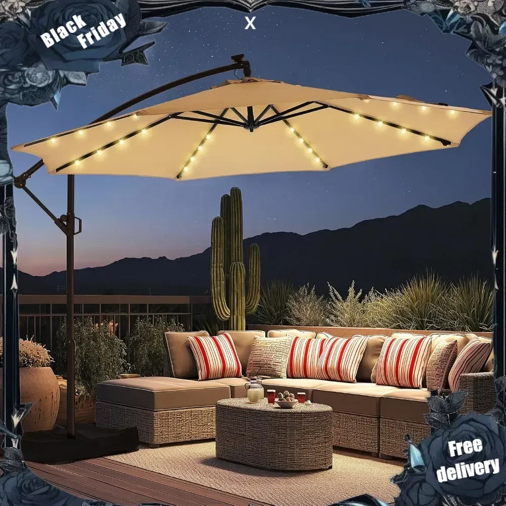 

10ft Solar Lights Offset Cantilever Patio Umbrella - w/Light and Base, LED Lighted Offset Hanging Patio Outdoor Market Umbrella