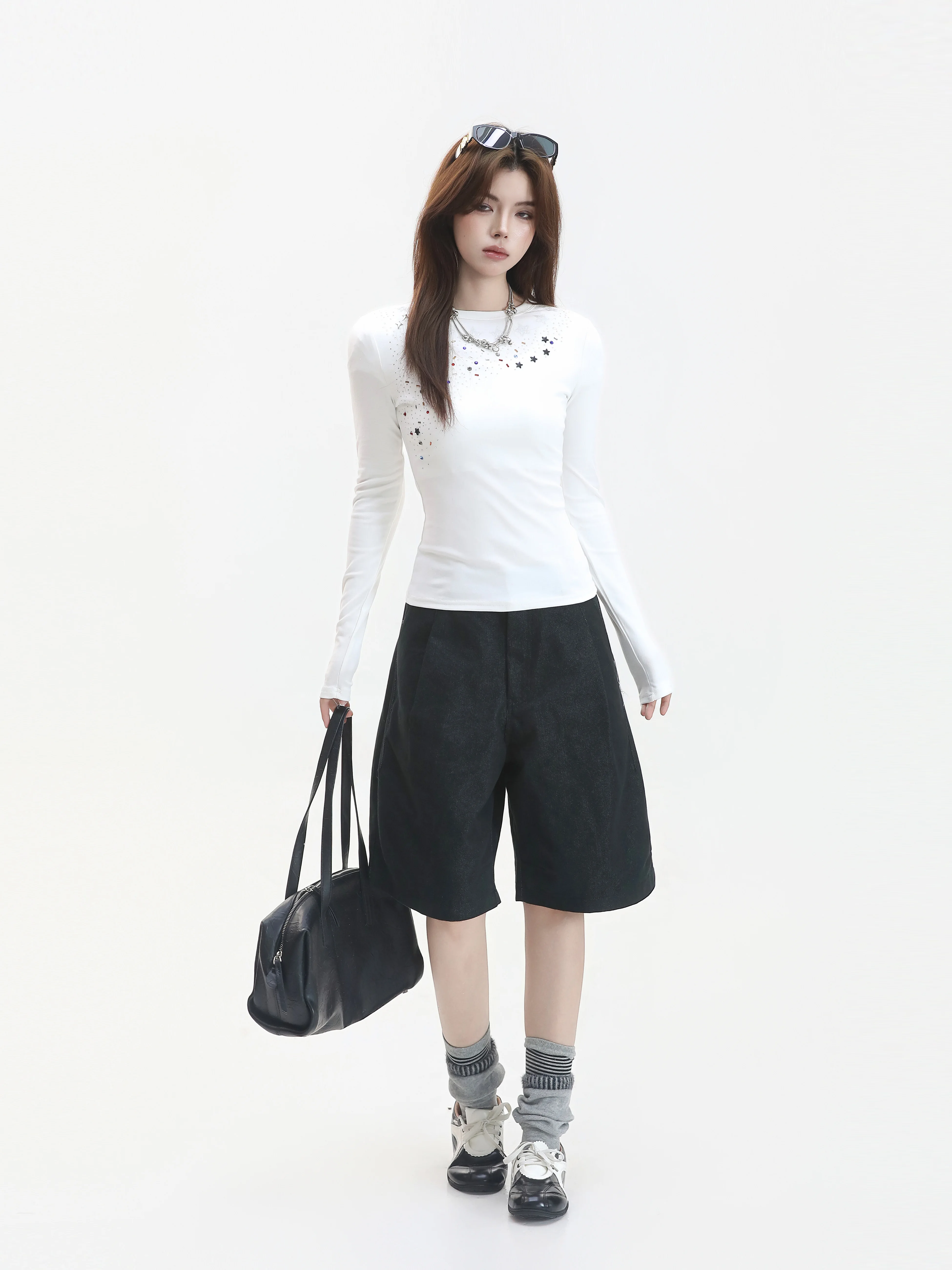 Early Autumn Silver Star Drill Slim Fit Long Sleeve T-Shirt Korean Style Design Casual Lazy Fashion Women's Top round Neck