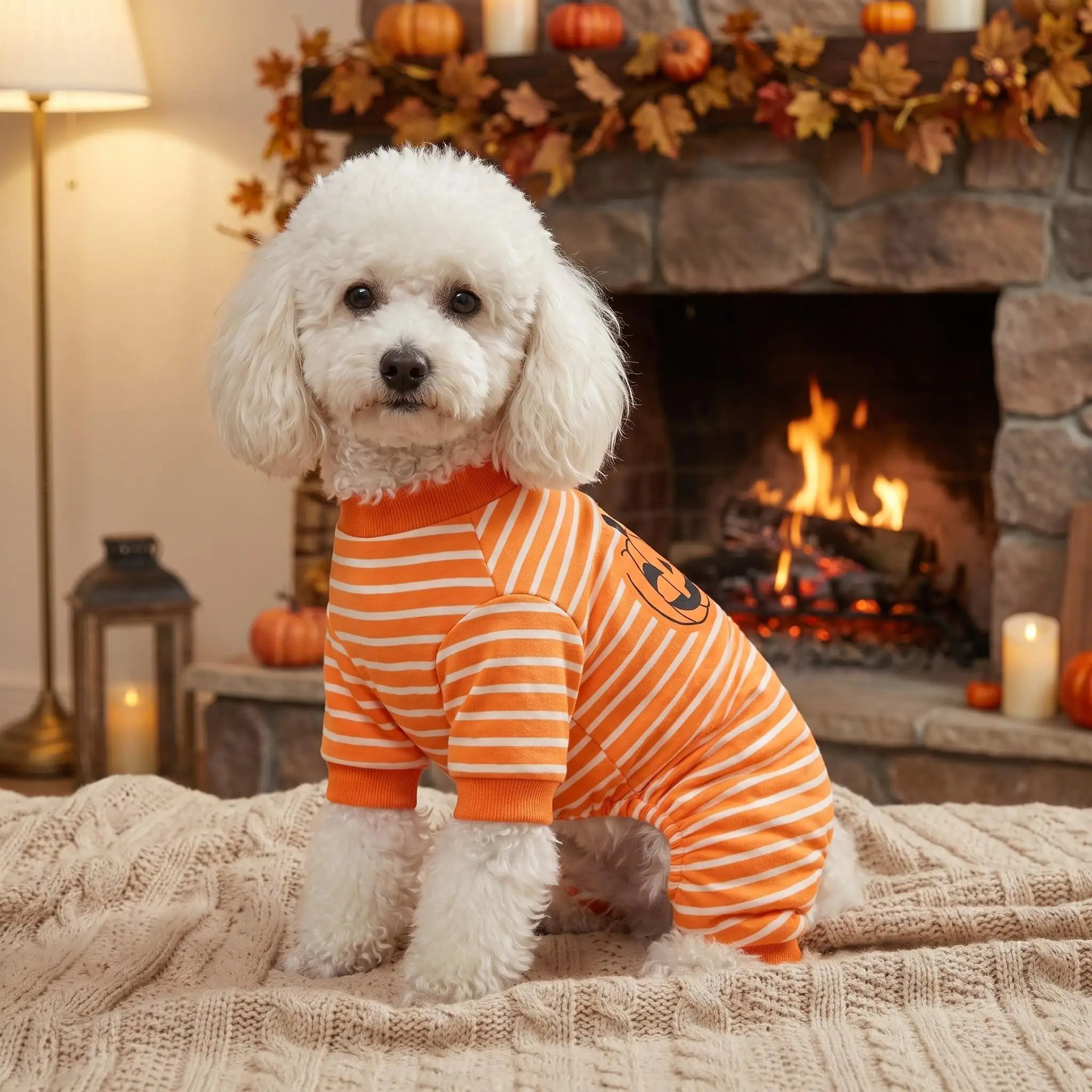 Halloween Orange-Weiß Gestreifter Hunde-Vierbeiner-Anzug Kürbis-Patch Welpen-Bodysuit Einteiler Pyjama Kleidung für Kleine Mittelgroße Hunde Katzen – Detail 4