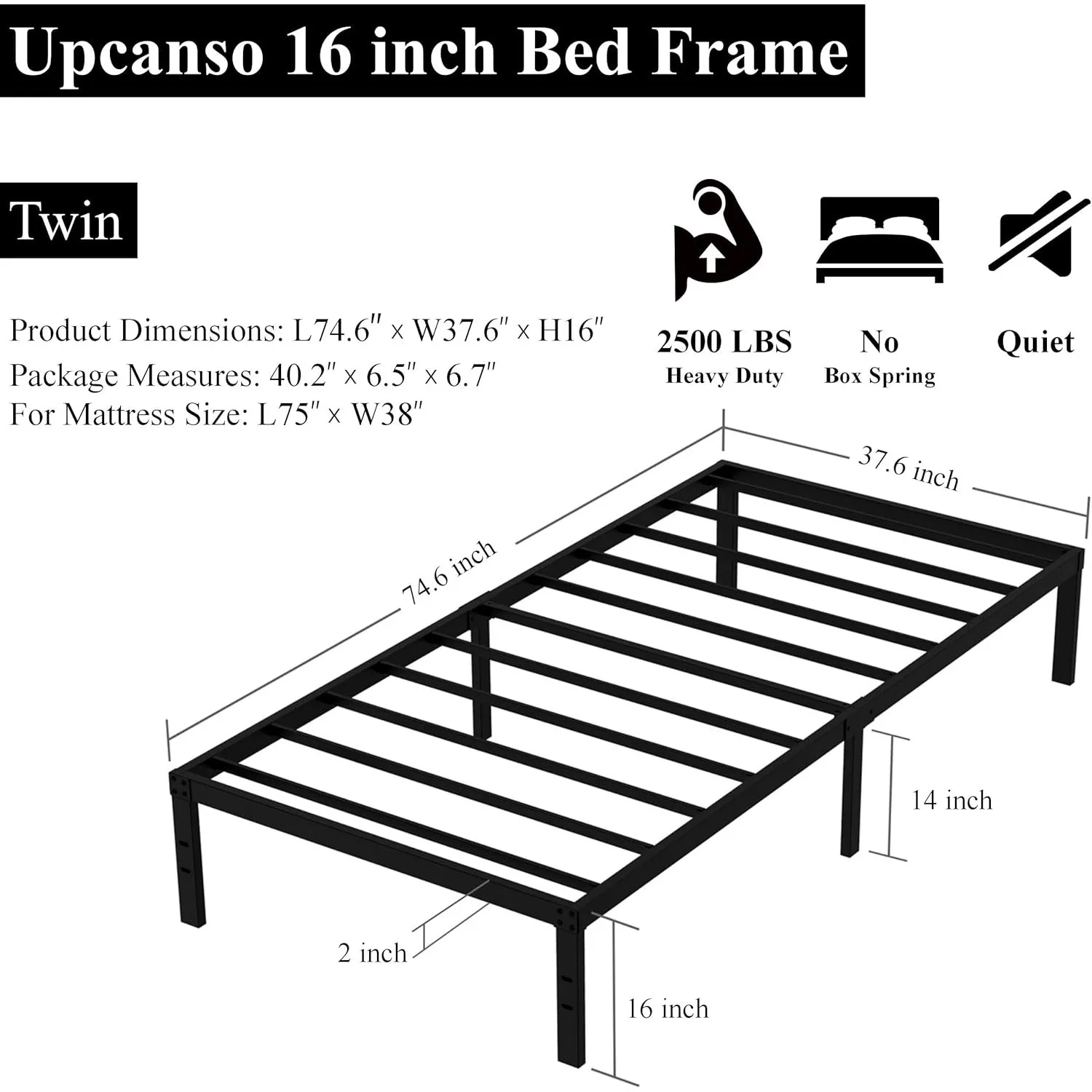 16 inch twin bed frame without box spring, metal platform, with 14 inch storage space, 2500 pound steel bar support, black image 3