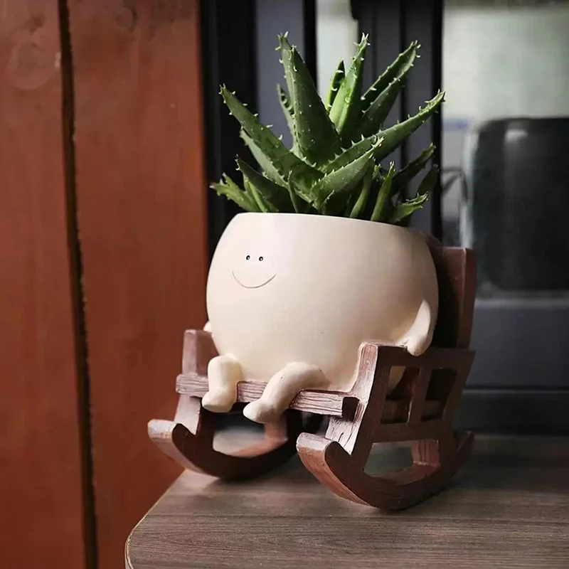 Rocking Chair Succulent Planter Smily Face Planter Pot Cute Resin Flower Head Planters For Indoor Outdoor Plants