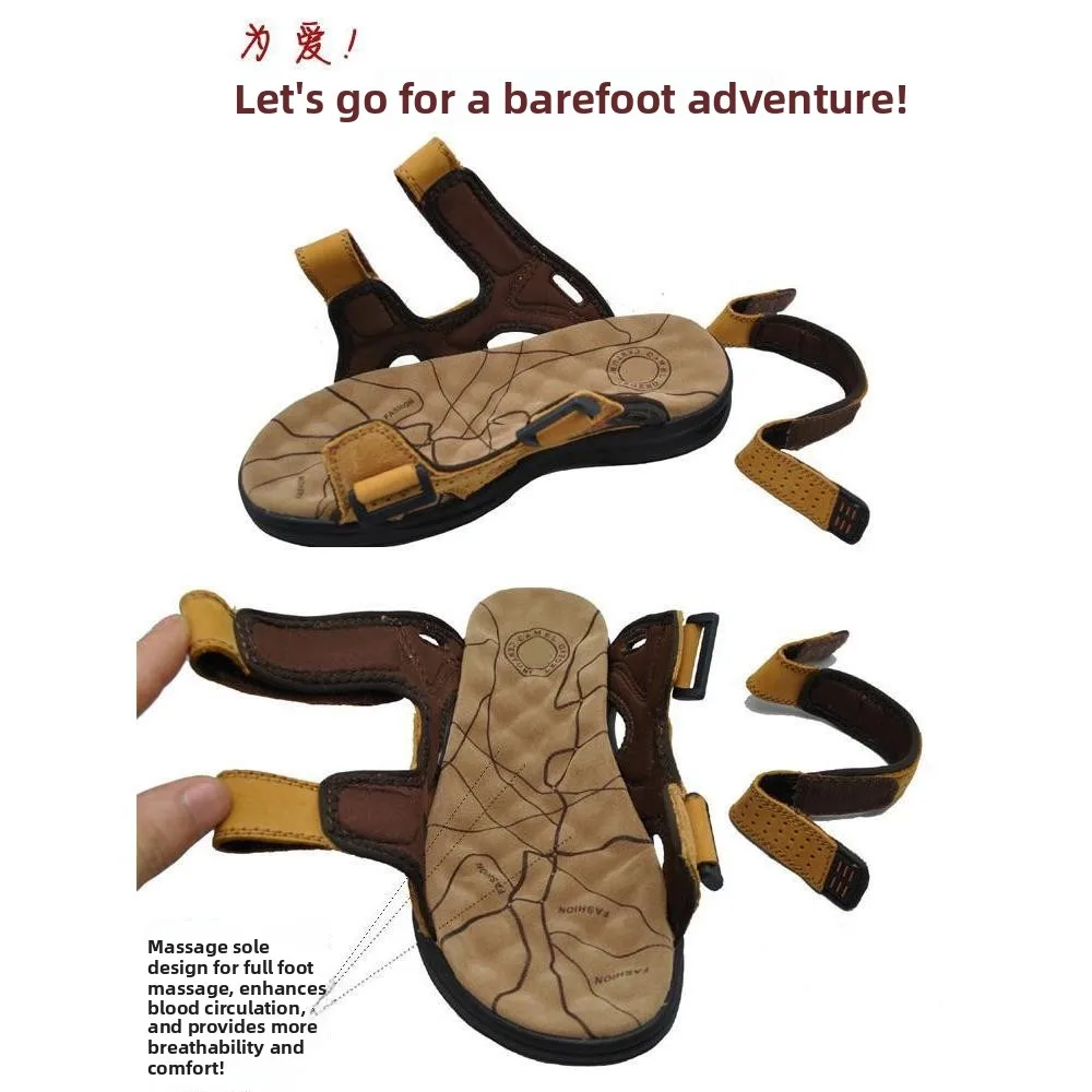 صنادل رجالية من الجلد الطبيعي، أحذية شاطئ جديدة للصيف، أحذية خارجية مضادة للانزلاق، شباشب مريحة وقابلة للتنفس، أحذية كاجوال