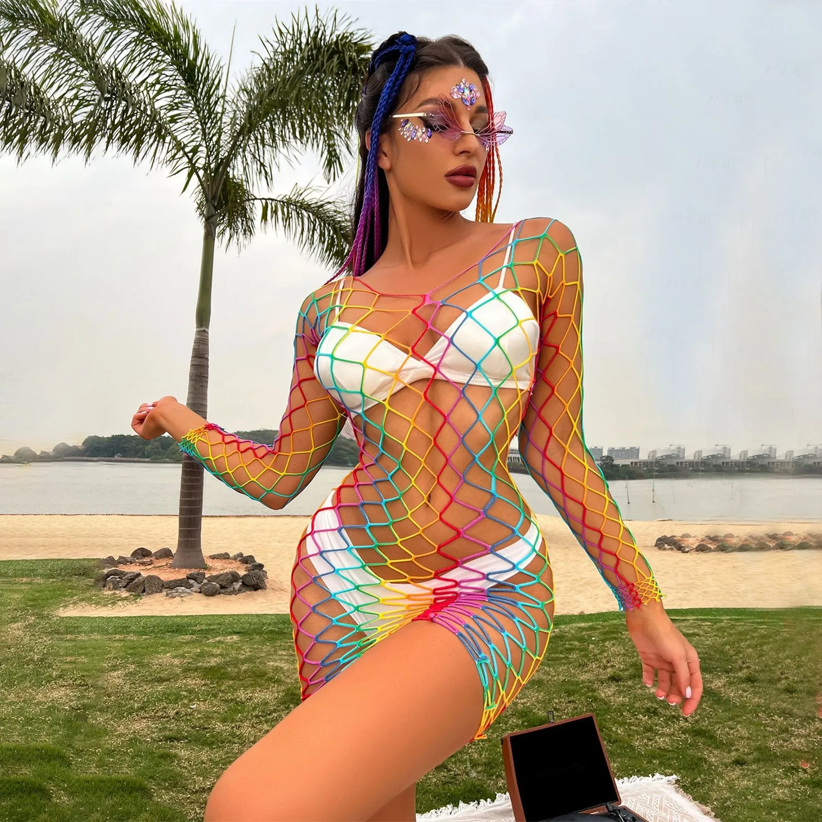 

Hot Sexy Cover Up Rainbow Sheer Mesh Tops Versatile Beach Clubwear Fishnet Underwear Women Bodysuit Lingerie Leopard Transparent