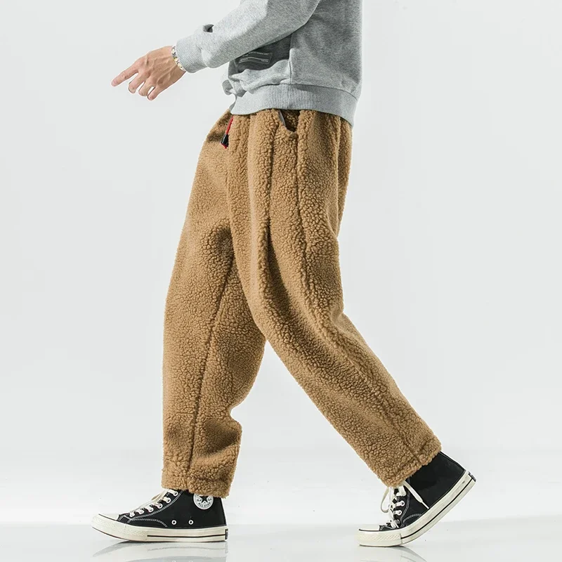 

2023 Winter Thicken Pants Men Warm Fashion Retro Thick Lamb Wool Pants Men Streetwear Hip Hop Loose Straight Pants Mens Trousers