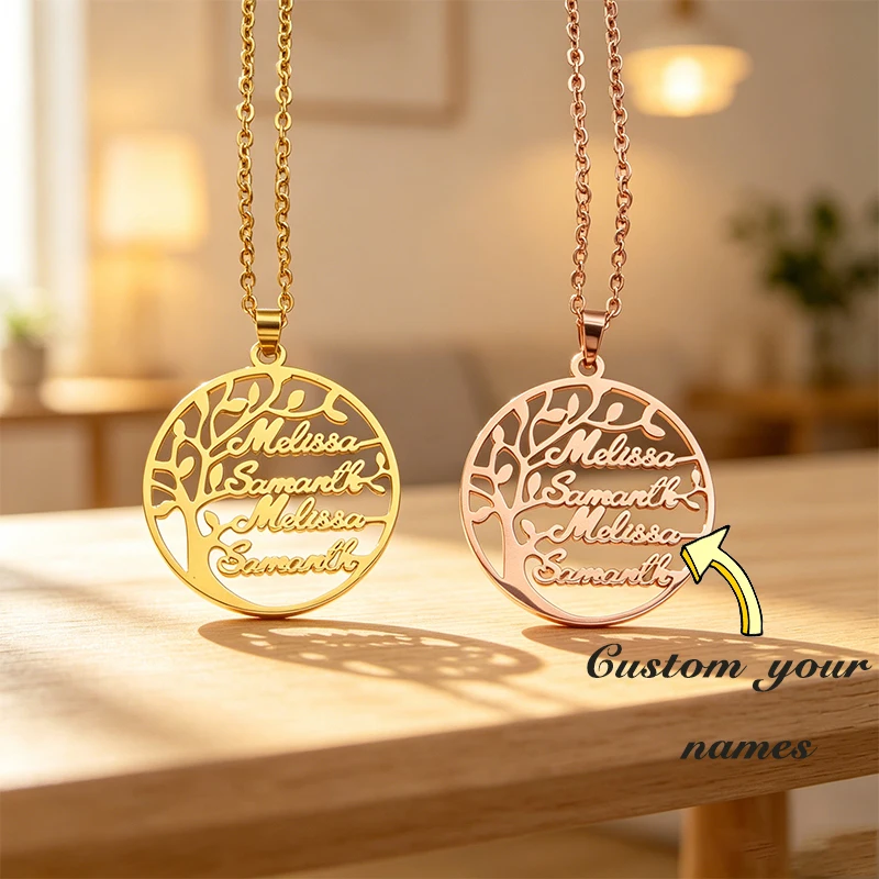 Charm Circle Pendant Tree of Life Customized Family Names Necklace Stainless Steel Personalized 1-4 Names Choker Necklace Gift