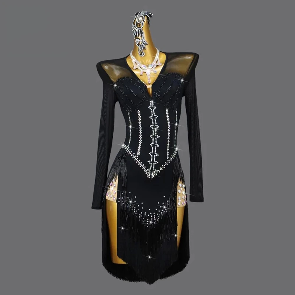 2025 novo vestido de dança latina traje de palco midi festa conjunto feminino prática vestido festa sexy menina samba vestido dança dançarina