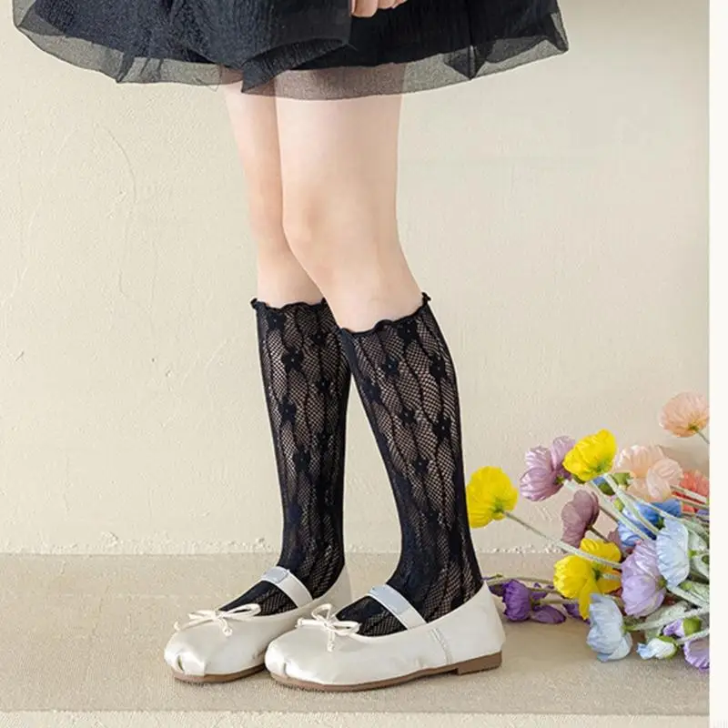 

N1HB Girls Sweet Inspired Middle Tube Socks Calf Length Socks with Jacquard Flower