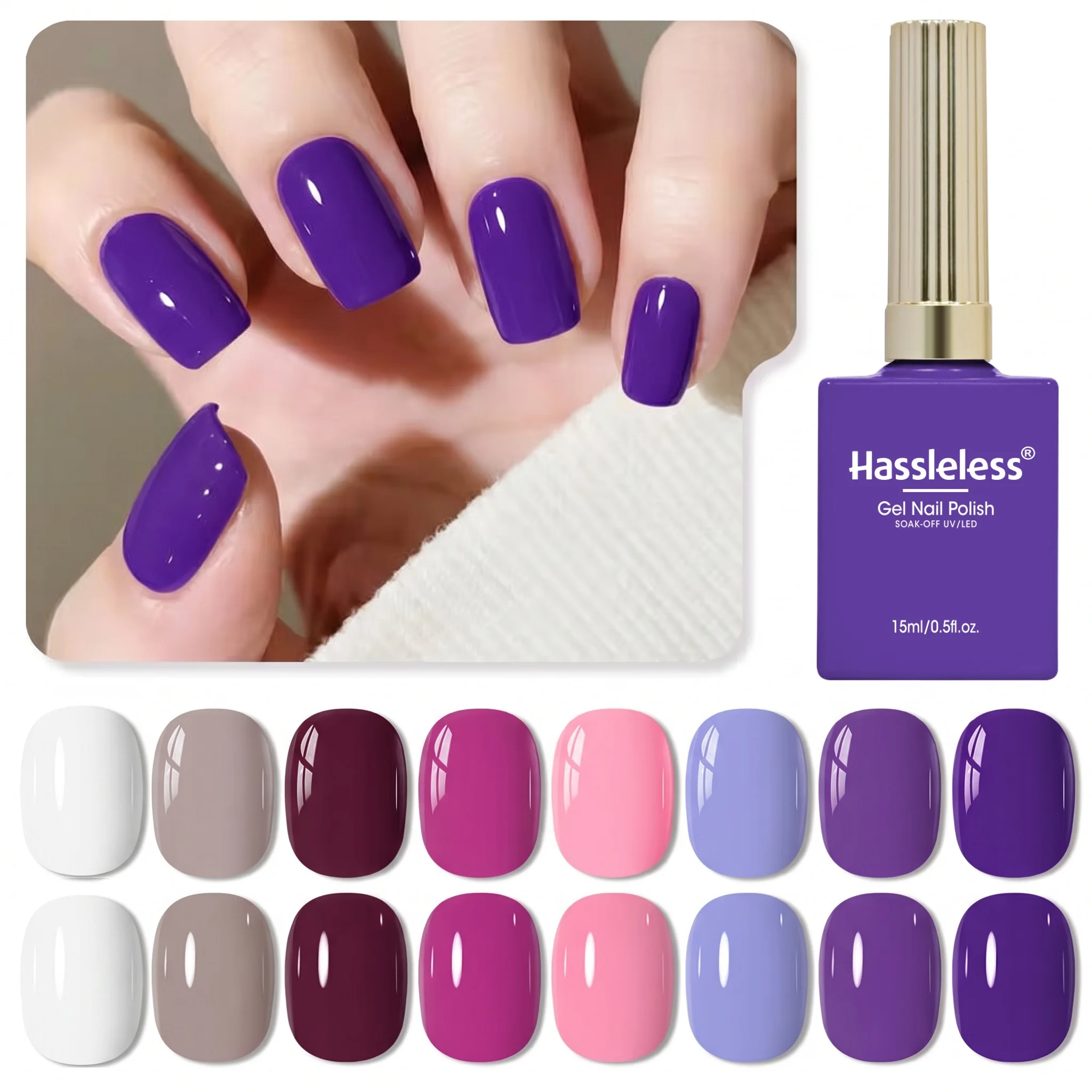 Hassleless 8-Piece Set 0.5 oz Semi-Permanent Gel Nail Polish Set, Complete Nail Art Tools, Removable Led Phototherapy Nail Polish Gel, Nail Art DIY Home Salon Set, Women's Gift