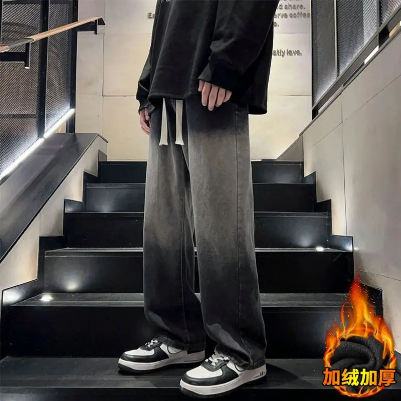 Herbst Und Winter Plus Samt Dicke männer Gerade Bein Jeans Trend Lose Amerikanischen Retro High Street Casual Breite Bein Hosen