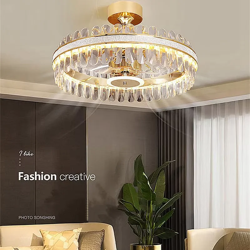 Modern LED Crystal Ceiling Fan Light Luxury Lighting for Living Room Bedroom Hotel Restaurant Three-Color Temperature Adjustment