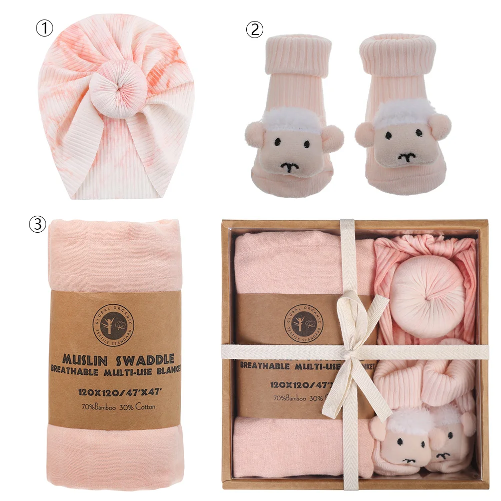 4Pcs/Box Baby Socks Turban Hats Solid 120cm*120cm Muslin Cotton Saddle Newborn Gifts Elephant Fox Sheep Legging Sock