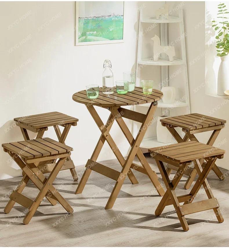 Solid wood folding table simple portable balcony small outdoor dining table and chairs household square stall