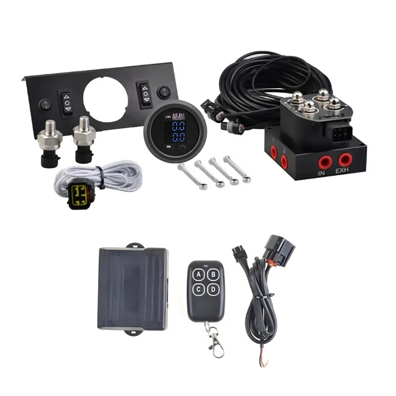 Detalhe 4 de Válvula solenoide New!Universal Air Ride Suspension Dual Display Pressure Gauge With Solenoid Valve & Remote Control & Panel Ship Type Switch KIT Pneumática