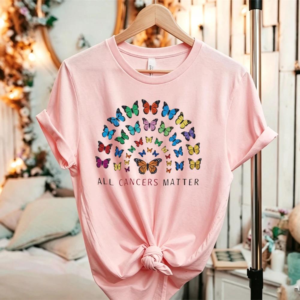 All Cancers Matter Colorful Butterfly Circle T-Shirt Cancer Awareness Multicolor Butterflies Graphic Tee Casual Short Sleeve Top