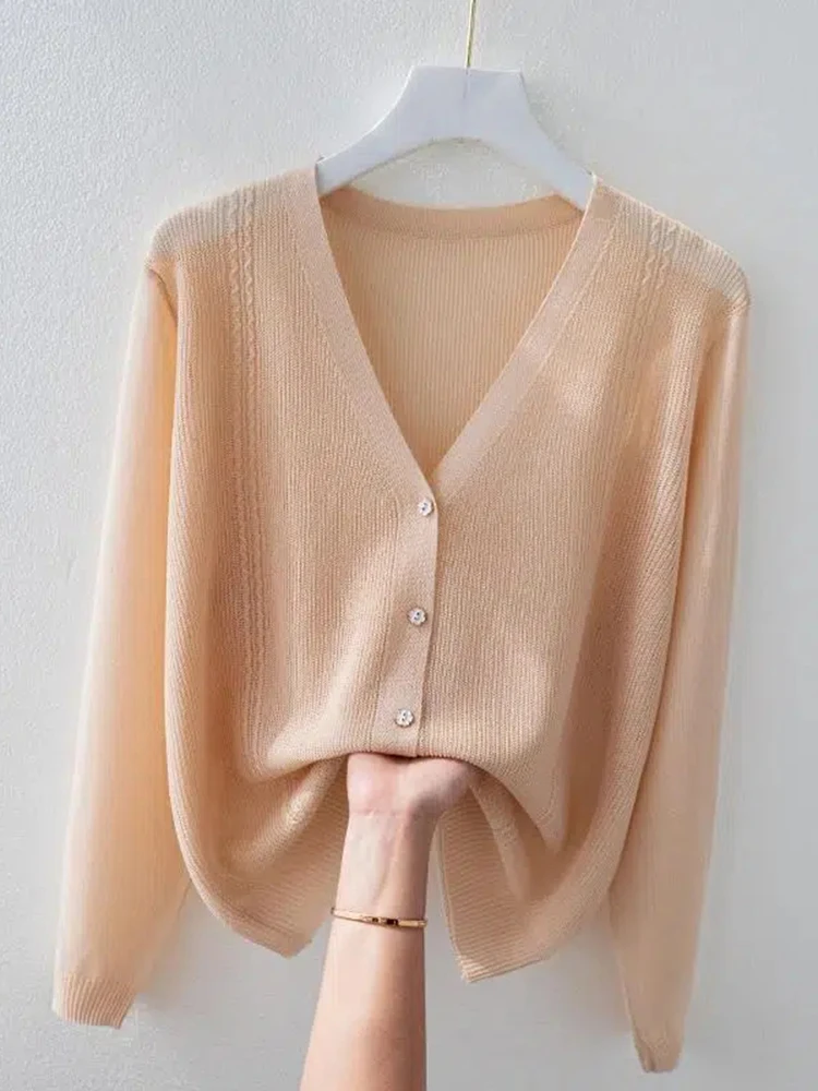 Hollow Out Knit Ice Silk Loose Cardigan Long Sleeve Outwear Spring Tops Korean Casual Elegant Coat Knitwear V-neck New Jackets