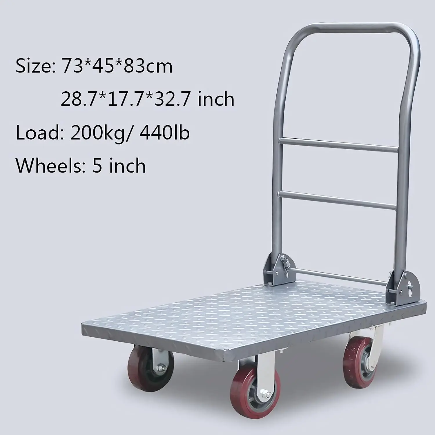 Trolley Platform Flat Surface Cart with 360 Degree Swivel Wheels Metal Folding Push Hand Cart for Warehouse Pallet Load Capacity