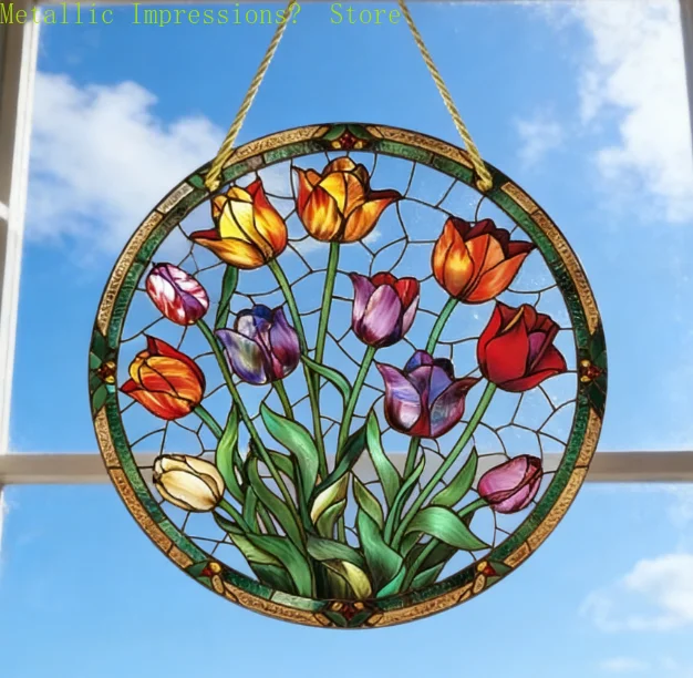 Runde Tulpen-Fensterdekoration aus Buntglas, Farbenfroher Blumen-Sonnenfänger, Vintage Blumen-Wandkunst-Dekor für Zuhause, Garten, W