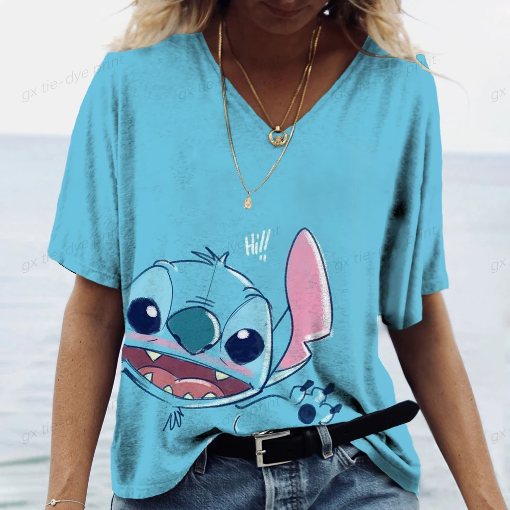 2025 جديد ديزني غرزة مطبوعة المرأة موضة تي شيرت حجم الخامس الرقبة قميص نسائي تصميم قميص نسائي الملابس النسائية