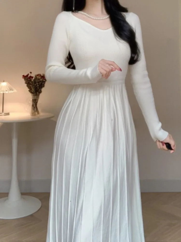 Elegant Casual Pleated Knitted Dress for Women Korean Autumn Slim A Line Sweater Dresses Long Sleeve One Piece Female Clothes