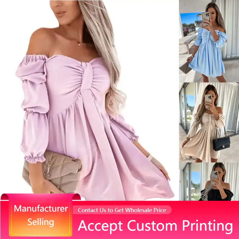 

Summer Dresses Fashion Sexy Off Shoulder Strapless High Waist Puff Sleeve Mini Dress Women Loose Casual Solid Color Dress