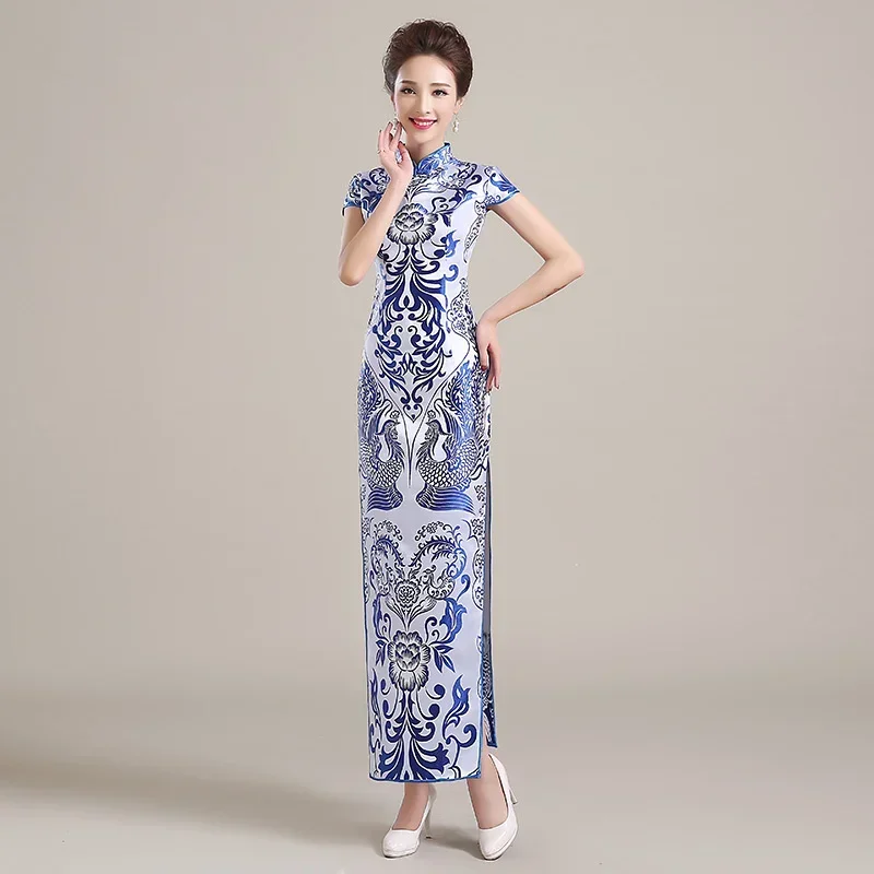 

Chinese Evening Dress Cheongsam Women Blue And White Porcelain Pattern Retro Party Qipao Chinese Traditional Eleganti Slim Long