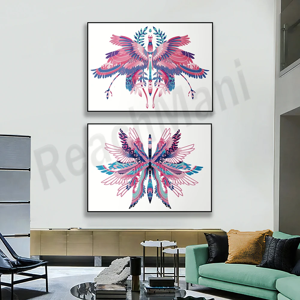 

Preppy Pink Bird Wings Wall Art, Aesthetic Living Room Bedroom Home Decor Poster