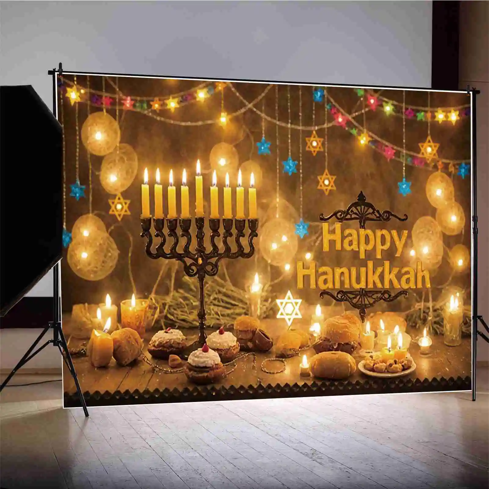 MOON.QG 2025 Happy Hanukkah Backdrops Nine-Branched Candlestick Party Decor Backgrounds Product Photography Studio Props Banner