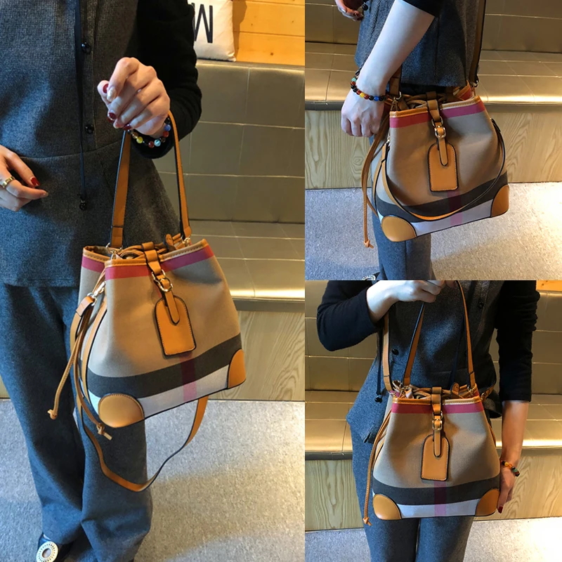 Female Bucket Bags String 2024 Luxury PU Leather Canvas Drawstring Designer Purses And Handbags Crossbody Shoulder Bags NO LOGO