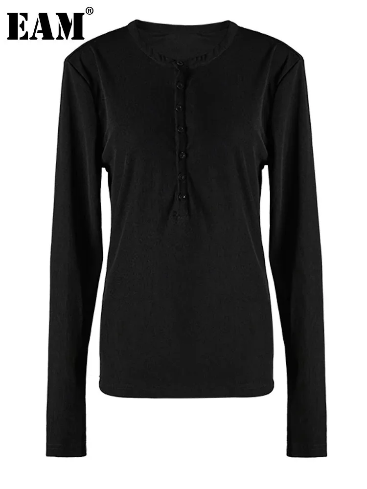 [EAM] Women White Black Button Brief Slim Elegant T-shirt New Round Neck Long Sleeve Fashion Tide Spring Autumn 2025 CPG2519