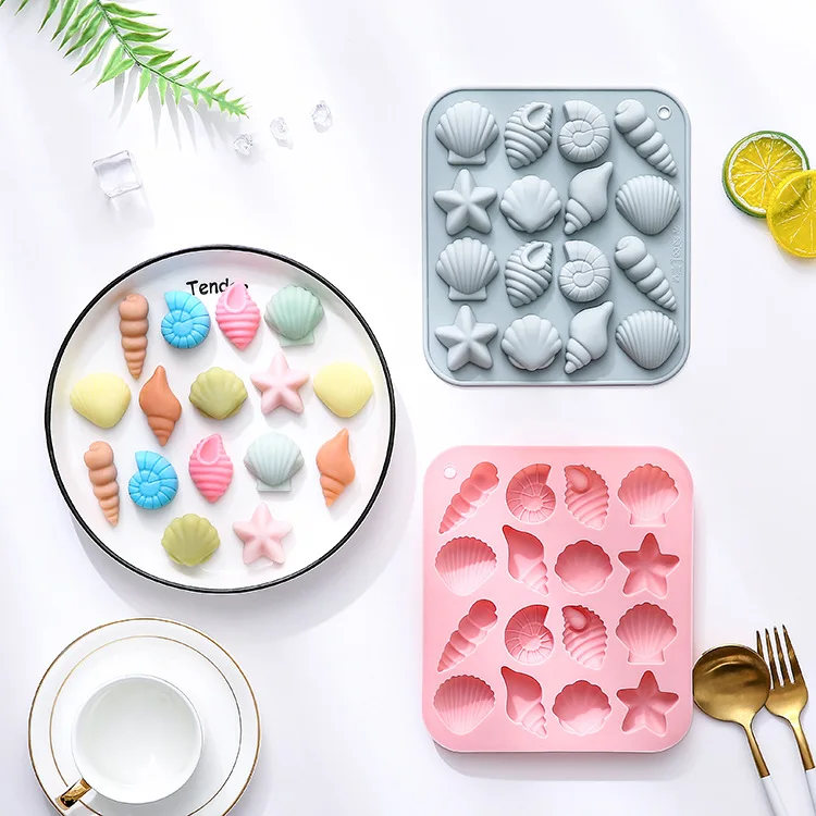 Molde de silicona con 16 cavidades para conchas, caracolas, estrellas de mar y otras formas, molde para pastel de chocolate con rejilla de hielo abrasiva epoxi