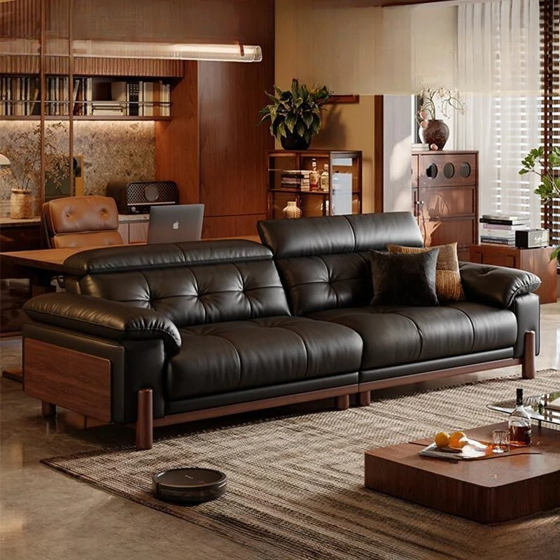 Cowhide small apartment, solid wood retro straight-row sofa