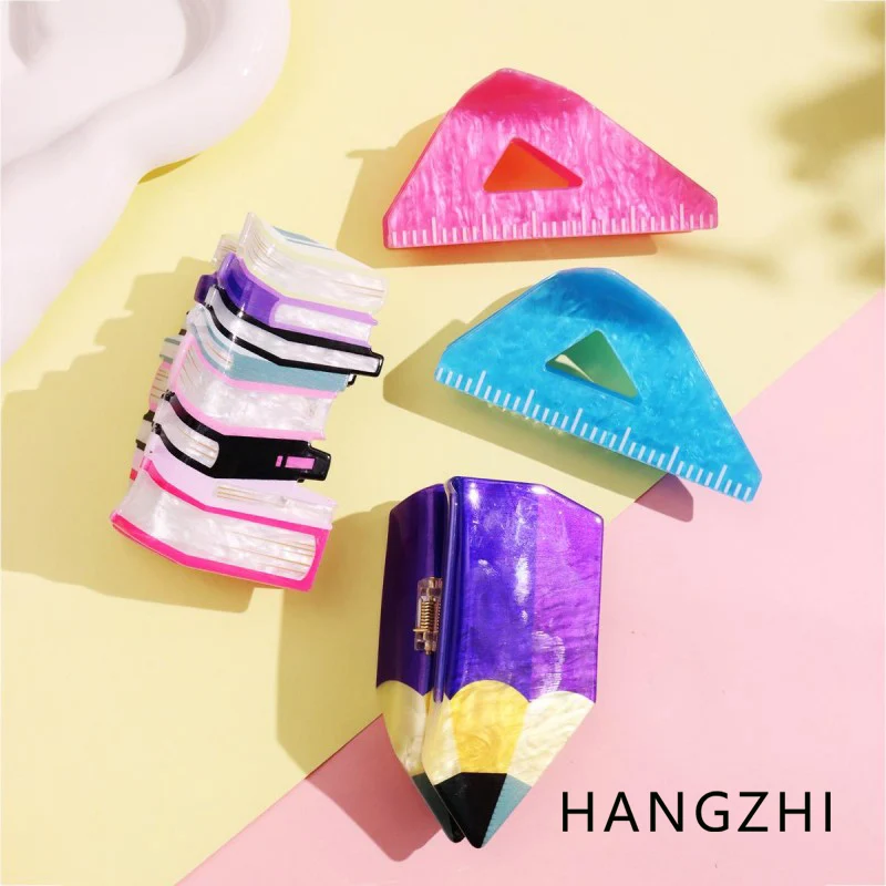 HANGZHI Red Blue Creative Triangle Ruler Pencil Grab Clip Cartoon Fun Stationery Hair Accessories for Women Kids INES Party Gift