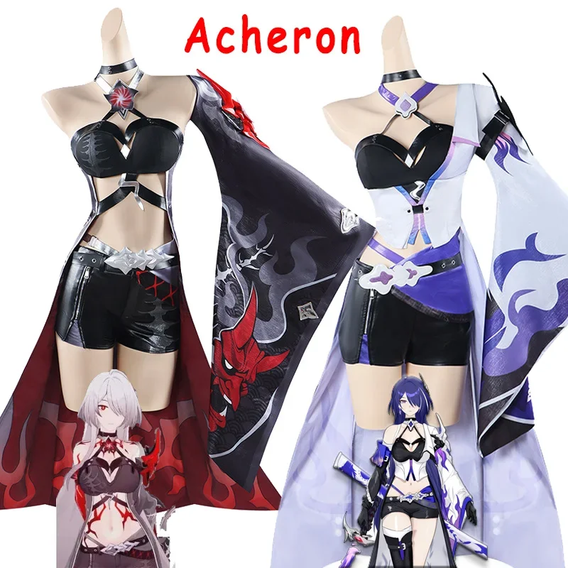 Juego de Cosplay de Acheron Honkai Star Rail para mujer, traje rojo Acheron Cos, vestido, peluca, zapatos, juego de rol, ropa de fiesta de carnaval, 2 juegos completos