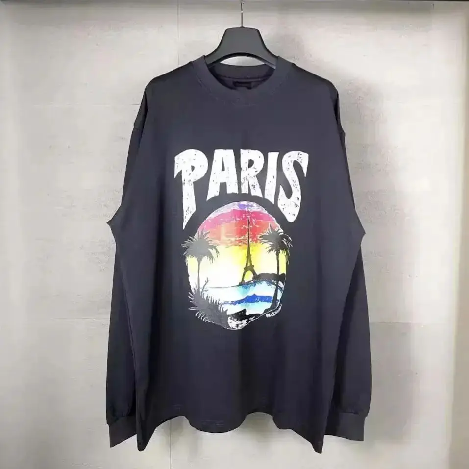 Plus Size Paris Long Sleeveb Home 2024 New Summer Vigi Coconut Tree Tower Logo Printed Bottom Floor T-Shirt