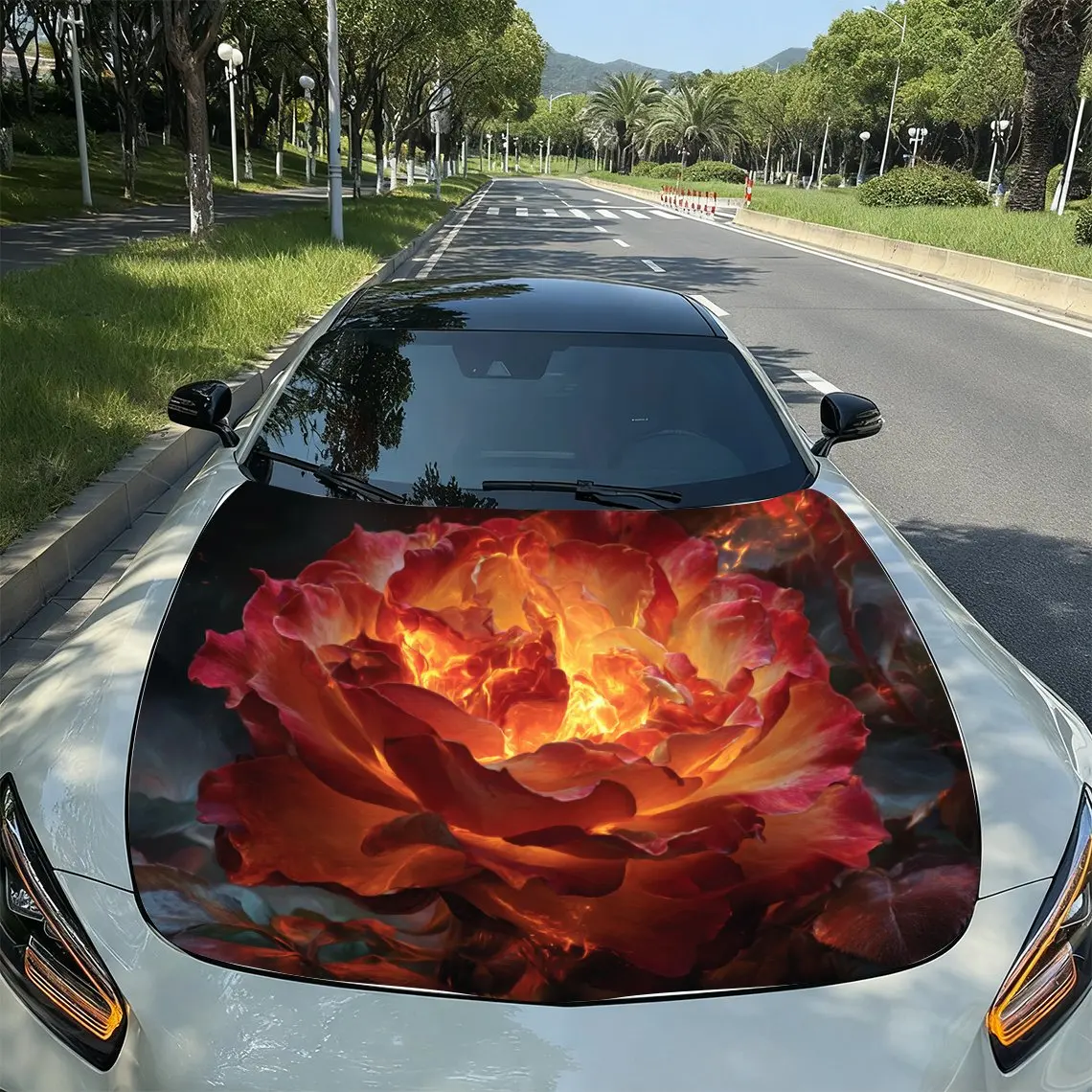 

Burning Flame Rose Car Vinyl Packaging, PVC Waterproof Car Hood Stickers, Self-adhesive Scratch Resistant Stickers For Engine Co