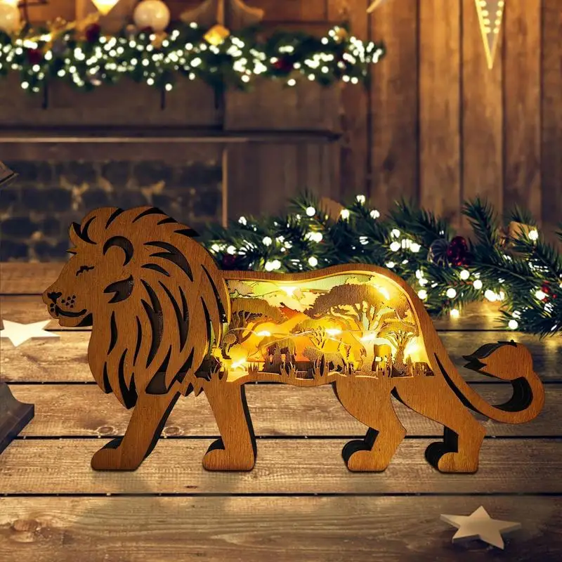 Wooden Forest Animal Carving Bison Lion LED Luminous Lamp Hollow Wooden Home Furnishings Ambient Light Crafts Creative Light