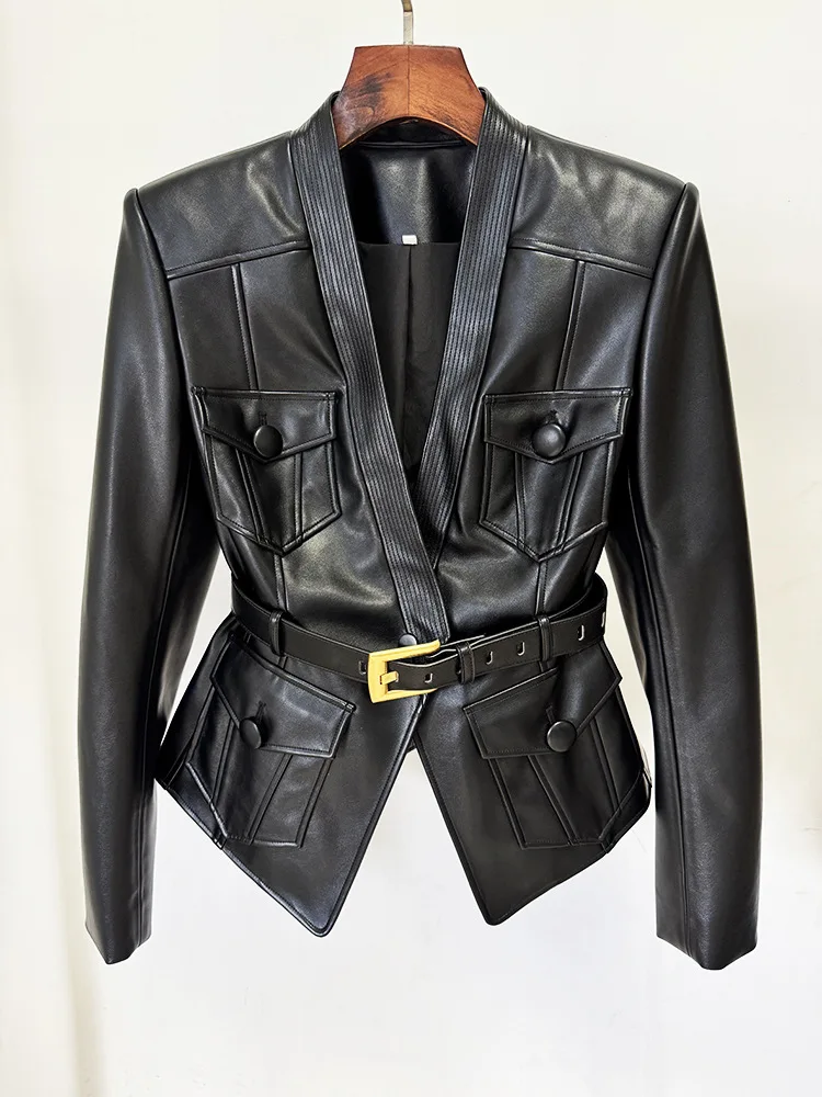 

2026 Spring/Autumn Cool Streetwear V-Neck Classic Belted Slim Women Leather Jacket European-American Style Casual Work Blazer